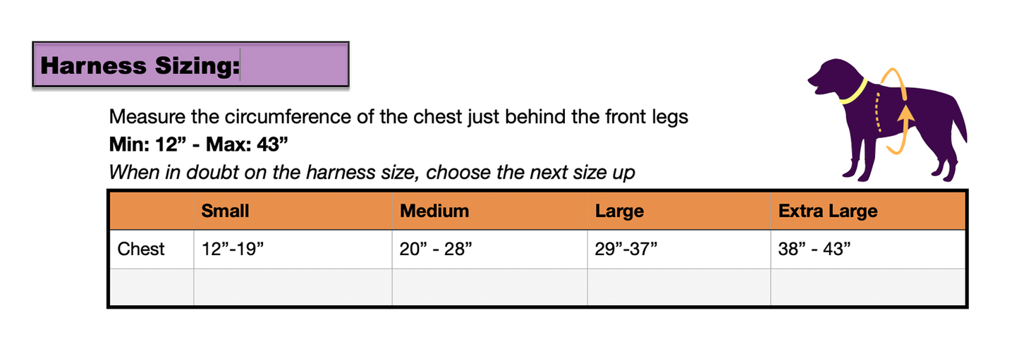 Ortho Dog harness sizing chart — harness size by chest circumference