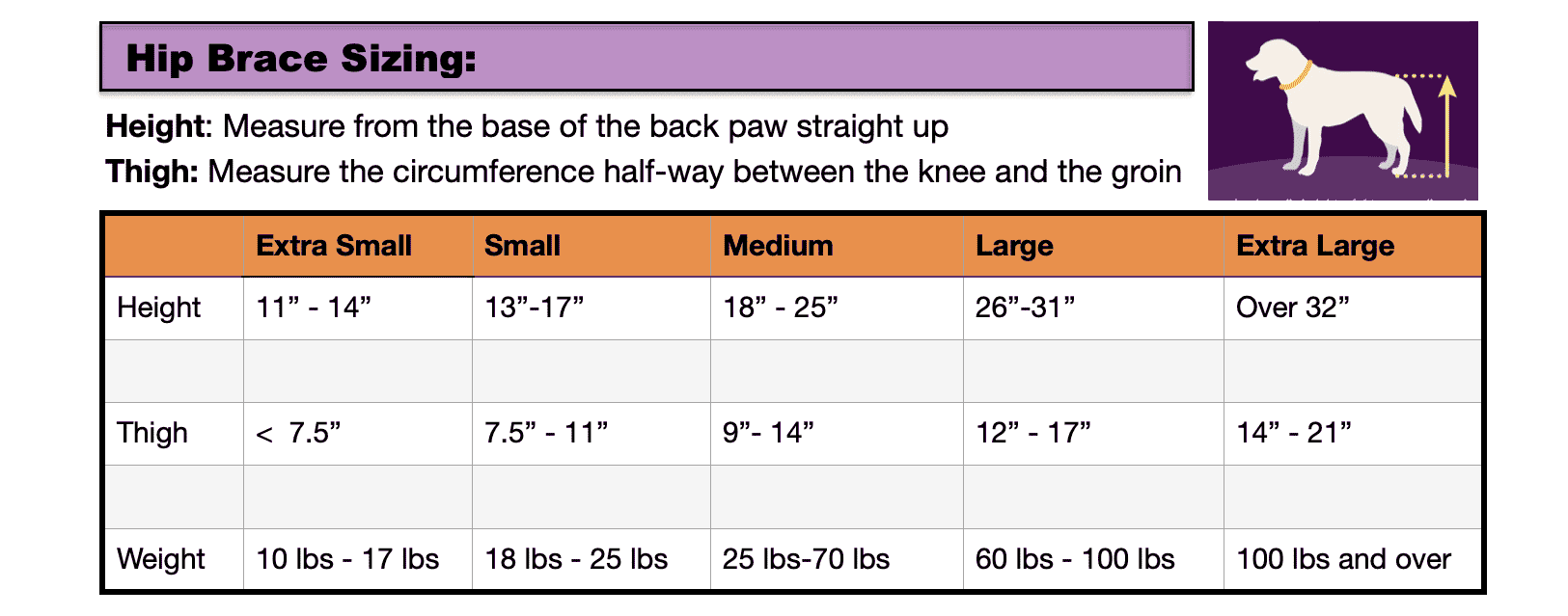 Hip Hound Brace sizing chart — brace size by dog height, thigh circumference, and weight